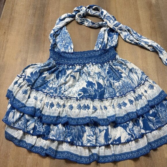 Women’s Agua Bendita Maona Mini Dress Large Halter Neck Stretch Smocked Waist - Picture 9 of 15